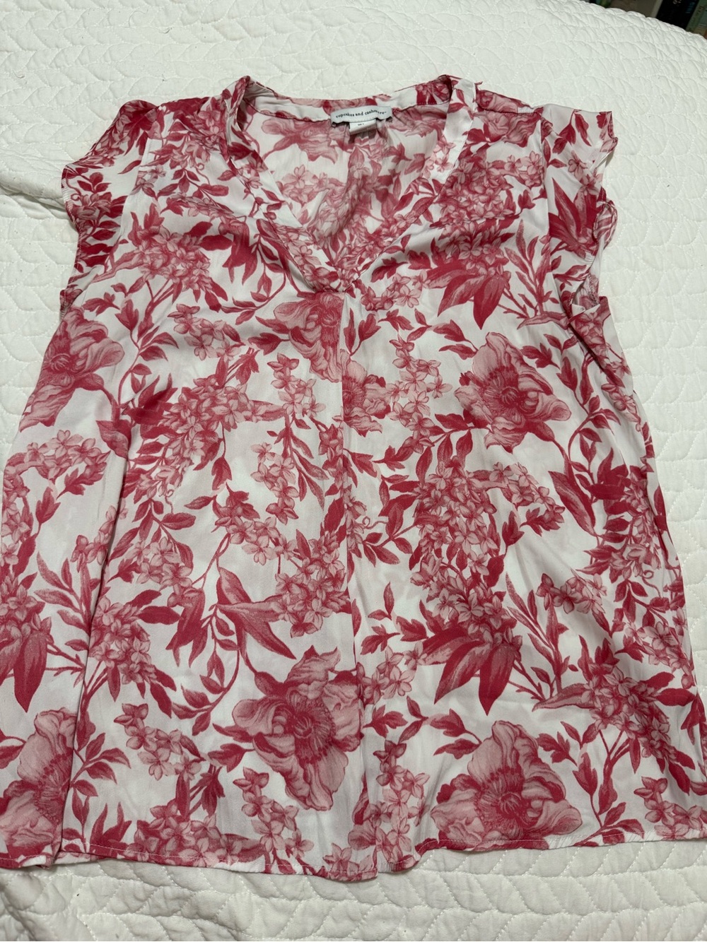cupcakes & cashmere White Blouse with Red Floral Print